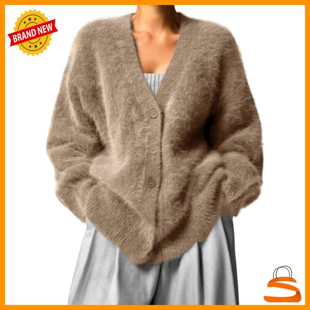Oversized Fuzzy Cardigan Sweater V Neck Button Down Casual Furry Chic - Picture 4 of 7